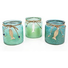 Logbuch-Verlag 3 Candles in Glass Candle Holder Blue Turquoise Maritime with Fish Decorative Glass Tea Light Glasses Table Decoration Communion