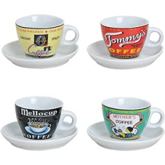 Krāsains espresso tasīšu komplekts no porcelāna 4 krūzes, ieskaitot apakštasīti baltā modernā retro dizainā