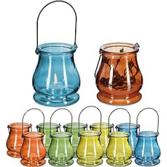 Relaxdays Tea Light Holder, Set of 12, Made of Glass, Handle for Hanging, Indoor and Outdoor Use, Tea Light Holder, H x D 10 x 8.5 cm, Multi-Coloured