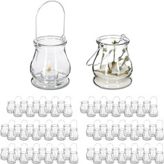 Relaxdays Tea Light Holder, Set of 12, Made of Glass, Handle for Hanging, Indoor and Outdoor Use, Tea Light Holder, H x D 10 x 8.5 cm, Transparent