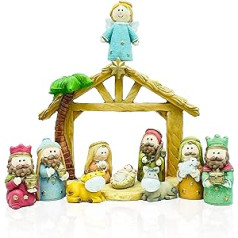 Gesar Christmas Nativity Scene with Ceramic Hut - Pack of 11 Nativity Scene with Ceramic Hut 6 cm - Colourful Birthday Figures - Modern and Elegant Nativity Scene