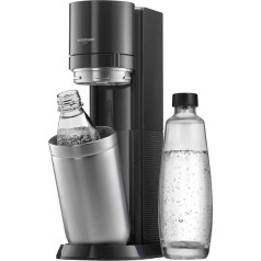 SodaStream DUO ūdens karbonizators bez CO2 balona, 1 x 1 litra stikla pudele un 1 x 1 litra plastmasas pudele, ko var mazgāt trauku mazgājamā mašīnā, augstums: 44 cm, krāsa: titāna, 19,1 x 36,6 x 44,5 cm