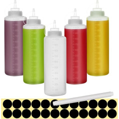 Happybase 32 unces izspiežamā pudele, 5 plastmasas izspiežamo pudeļu iepakojums ar 1000 ml plastmasas pudeles ar vāciņiem, bez noplūdes, pudeles ar piedevām krāsošanai, cepšanai, kečupam, karstajai mērcei, olīveļļļai, mērču pudelei