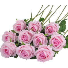 10 Pcs Long Stem Artificial Roses for Decoration Bouquet Wedding Floral Arrangement (Light Pink)