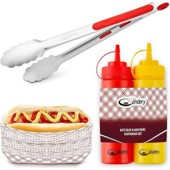 The Candery All-in-One Hot Dog piederumu komplekts - kečupa un sinepju izspiešanas pudeles Barbecue knaibles 50 sarkani/balti paplātes karnevālam, grilēšanai, piknikiem, koncesijas stendam (knaibles, izspiešanas pudeles)