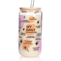 ANOTION My Daily Affirmations Iced Coffee Mugs - stikla krūzes ar vāciņiem un salmiņiem, iedvesmojoša atturība, garīgā veselība, motivējoša dāvana sievietēm, mātei, ideāla izvēle