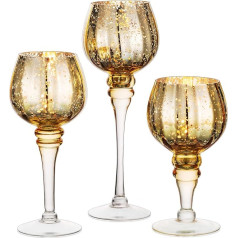 Nuptio Stikla sveču turētājs Tall Pack of 3 Large Tea Light Holders Zelta tējas gaismas galda sveču turētāju komplekts peldošām un staba svecēm, dzīvsudraba sveču turētājs kāzu ballītei Ziemassvētkiem