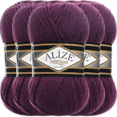 Hobby YARN Alize Superlana Klasik 5 x 100 g turkiškos aukščiausios kokybės vilnos, medvilnės ir akrilo, vienspalviai rankų darbo mezgimo siūlai, mezgimo siūlai (Slyva, 111)