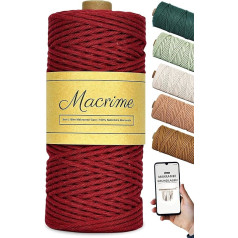 Macrime Premium makrame dzija Vīns Sarkans 3 mm x 100 m + instrukcija (latviešu valodā nav garantēta) - 100% dabīgā kokvilna, 4 kārtu vītā kokvilnas dzija - DIY kokvilnas aukla amatniecībai