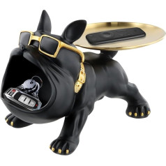 Cozlly Bulldog statue ar paplāti, buldoga atslēgu kaste ar 2 krātuvēm, moderna suņa skulptūra no sveķiem, atslēgu turētājs dzīvojamai istabai, priekšnamam, ieejai, birojam, melns