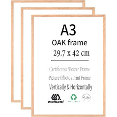 Weikani A3 koka rāmis ar paliktni, 3 iepakojums-29,7x42 cm ozolkoka koka fotorāmis, sertifikāta rāmis ar pleksiglastu sienas vai galda eksponēšanai