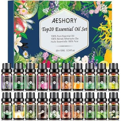 Aeshory ēterisko eļļu komplekts difuzoram 20 x 10 ml, 100 % dabīgs aromterapijas aromātisko eļļu komplekts, aromātisko eļļu dāvanu komplekts ziepēm, svecēm, mitrinātājiem, SPA, masāžai - Frankincense, Cinnamon, Sandalwood,