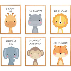 YOULIKE Baby Room Decoration Cartoon Animals 6 Pack Theme Nursery Wall Art uzlīmes zēniem un meitenēm - bez rāmja