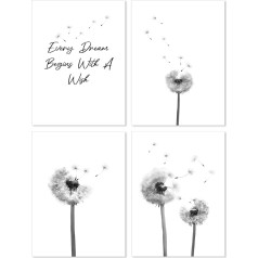 A&M Natural Living Dandelion Prints Sienas mākslas komplekts A3 297mm x 420mm bez rāmja melnbalts akvareļu ziedu augu plakāti viesistabai guļamistabai virtuvei un mājas dekorēšanai 4 Pack