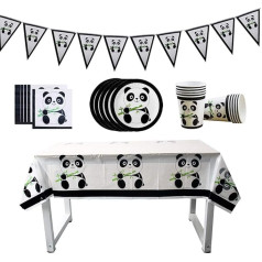 Toyvian Pennant Banner Panda Papīra šķīvji, šķīvji, tasītes, auduma galdauts, vienreizlietojamie galda piederumi, dzimšanas dienas svinību piederumi