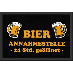 Komisks paklājs ar tekstu vācu valodā 'Bier Annahmestelle' [vācu valodā nozīmē 'Alus nodošanas punkts']