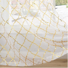 Kotile White Voile aizkari ar 90 pilieniem - Print Metallic Gold Moroccan Tile White Voile Net aizkari guļamistabai, Gaismu filtrējoši privātuma Eyelet Voile aizkari, White Gold, 2 Pack