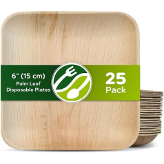 ECO Leaf vienreizlietojamie palmu lapu šķīvji 15 cm kvadrātveida kompostējami, videi draudzīgi, bioloģiski noārdāmi, augstas izturības, piemēroti kāzām, ballītēm un piknikam, droši mikroviļņu krāsnī un cepeškrāsnī, 25 gab. iepakojum