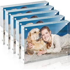 TWING Picture Frames Acrylic, 5 Pack 4x6 Acrylic Frame Horizontal Magnet Double Sided 4x6 Thick Transparent Frameless Self Standing Magnetic Acrylic Block Picture Frame