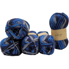 5 x 100 g Alize Wooltime Sock Wool, Multicoloured, 75% Superwash Wool, 500 g Knitting Wool for Knitting Socks and Stockings (Black, Blue, Grey 11011)