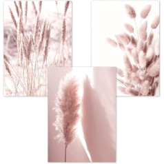 Trayosin Sienas bildes Dzīvojamā istaba Komplekts no 3 Premium Boho Pink Pampas Grass Plakāts Sienas bildes Dekoratīvās bildes Sienas dekorēšana Guļamistaba bez rāmja (A, 50 x 70 cm)