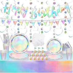 Obussgar Iridescent Party Dekorācijas - Happy Birthday Banner, Trīsstūris Pennant, Circle Dot Garland Streamer, Hologrāfiskās papīra šķīvji, folijas galdauts, salmiņi - 20 personas