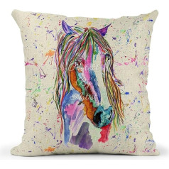 Vixar Zirgs Akvarelis Rainbow Art Farm Animals Lina spilvens spilvens ar pildījumu vai pārvalku 40 x 40 cm Dāvana Ziemassvētku dzimšanas diena (tikai spilvena pārvalks)