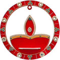 Dekoratīvs koka sarkans roku darbs apaļš Diya Hanging Candle Stand tējas gaismas turētājs T Lights Candle Stand Diya apgaismes piederumiem Mājas dekora elements Festivāla dāvanas (bez vaska) (izmērs: 8 collas)