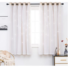 QINUO HOME Thermo Star Blackout aizkari, aizkari Eyelet ar Voile Natural aizkari, Siltuma izolācija Star Cut-Out bērnu istabas aizkari zēnu un meiteņu guļamistabai, 117.8 x 137.2 cm, Natural