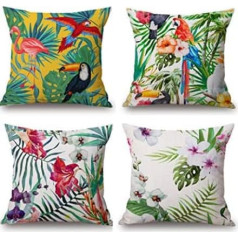 Fullfun zaļš spilvenu pārvalki Lapu tropu lina spilvenu pārvalki ar flamingo 4 gabali Square Jungle Throw spilvenu pārvalki dīvāna dīvānam guļamistabai un āra spilvenam 45cm x 45cm