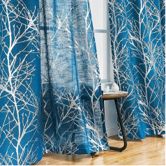 Metallic Tree Print Sheer aizkari dzīvojamā istaba guļamistaba Glitter sudraba folijas zari Navy Semi Sheer Eyelet aizkari 72 collu gaismas filtrēšanas lina tekstūras aizkari salonam 50 collu plats 2 paneļi