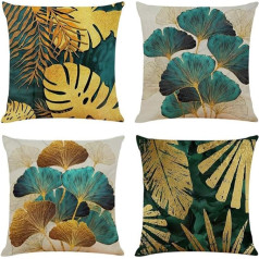 BCKAKQA Spilvenu pārvalki 4 Pack Green and Gold Leaves 18 x 18 Inch Linen Square for Living Room Sofa Couch Bed Cushion Covers 18 x 18 Inch