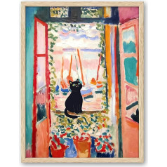 UPWOIGH Sienas māksla, Dabīgais ozols Bēšs koka rāmis, Matiss Atvērt logu, Kaķis Print, Kaķis Plakāts, Cute Black Cat Picture, Henri Matisse, Funny Cat Art guļamistabai