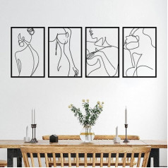 ruelen Pack of 4 Metal Wall Art Decor One-line Art Drawing Minimalist Abstract Female Woman Modern Wall Sculptures for Bathroom Kitchen Living Room Home Office Bedroom