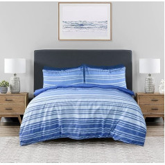 Sleepdown Textured Stripe Navy Blue White Soft Easy Care Mīksts, ērts, ērts, divpusējs gultas veļas komplekts ar spilvendrānām - divvietīgs (200x200cm)