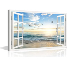 TISHIRON 3D Window Effect Canvas Art Sunset Beach Blue Ocean Large Modern Artwork Canvas Print for Living Room Office Bedroom Ready to Hang 24x16 inch (W x H)