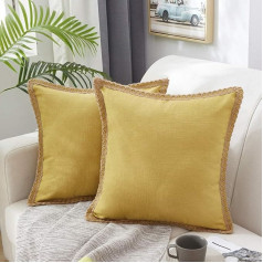 MERNETTE 2 Pack Burlap Cushion Covers Linen Farmhouse Decorative Square 18x18 Inch (Yellow)