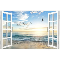 TISHIRON 3D Window Effect Canvas Art Sunset Beach Blue Ocean Large Modern Artwork Canvas Print for Living Room Office Bedroom Ready to Hang 36 