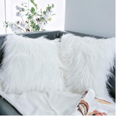 Fayavoo White Cushion Covers, 50 x 50 cm, Pack of 2, pūkaini mīksti mākslīgās kažokādas metamo spilvenu pārvalki, dekoratīvie pūkainie spilvenu pārvalki, luksusa sērijas spilvenu pārvalki viesistabai, dīvānam, guļamistabai, automašīnai