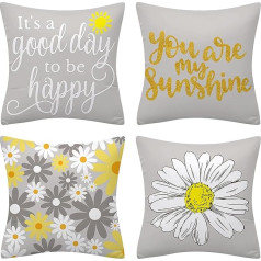 Fullfun Ziedu raksts Dzeltens un pelēks spilvenu pārvalki Divpusēja burtu druka 4 Pack Square Daisy Cushion Cover for Living Room and Bedroom 45x45cm