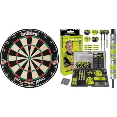 Unicorn Eclipse Pro Bristle šautriņu dēlis un Winmau MvG šautriņu ar tērauda uzgaļiem dāvanu komplekts, 50 gabaliņu šautriņu komplekts ar 4 šautriņu vārpstu komplektiem, 4 lidotāju komplektiem un piederumiem