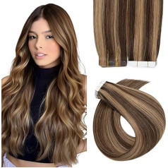 Tape-In Adhesive Real Hair Extensions, 100% Remy Hair, 20 Wefts, Natural, 55 cm, 50 g, #4P27 Medium Brown / Honey Blonde