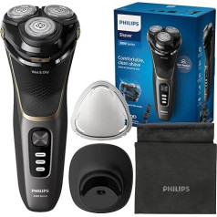 Philips skuveklis Series 3000 - elektriskais mitrs un sauss skuveklis vīriešiem melnā krāsā ar SkinProtect tehnoloģiju, atlokāmu bārdas trimmeri, uzlādes staciju un ceļojuma somu (modelis S3342/13)