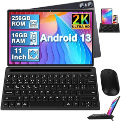 Planšetdators 11 collu Android 13 ar 16GB RAM + 256GB ROM (1TB TF), 2K 2000 x 1200 IPS, Octa-Core, 4 skaļruņi, 3 kameras, GPS, 5G WiFi, 18W ātrā uzlāde, 8600mAh, ar tastatūru + peli + futrālis, kafija