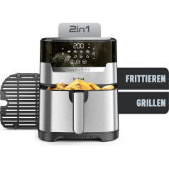 Tefal EY505D Easy Fry & Grill karstā gaisa fritēze, 2-in-1 tehnoloģija (gaisa fritēze un grils), digitālais displejs, 4,2 litri 6 porcijām, 8 gatavošanas programmas, enerģijas taupīšana, bez eļļas, nerūsējošais tērauds, XL