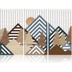 KAIRNE Wall Art Forest Mountain Wood Framed 16x32 Inch Abstract Forest Nature Wall Sculpture Landscape Mountain Sun 3D Hollow Geometry Boho Wall Decor for Living Room Bedroom Office 3 Pack