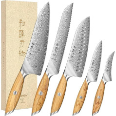 HEZHEN Damaskas virtuves nažu komplekts, 5 gabali, profesionāls Damaskas tērauda nažu komplekts, Santoku nazis, ergonomisks olīveļļas koka rokturis