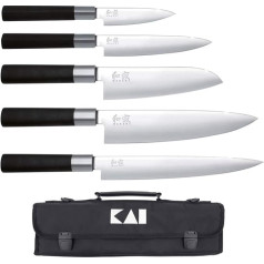 KAI Wasabi Black Messertasche bestückt - Allzweckmesser 10 cm, Allzweckmesser 15 cm, Santoku 16,5 cm, Kochmesser 20 cm, Schinkenmesser 23 cm - rostfreier 6A/1K6 Edelstahl poliert 58 (±1) HRC