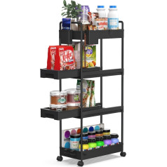 SPACEKEEPER Kitchen Trolley with 4 Levels, Recess Shelf on Wheels, Storage Trolley, Multi-Purpose Shelf, Drawable Trolley Organiser for Office, Kitchen, Bathroom, Laundry Room, Black