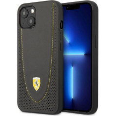 Чехол для iPhone 13 Ferrari серого цвета с желтыми перфорированными изгибами, из натуральной кожи, прочный, легко прилегает, амортизирует и имеет ф